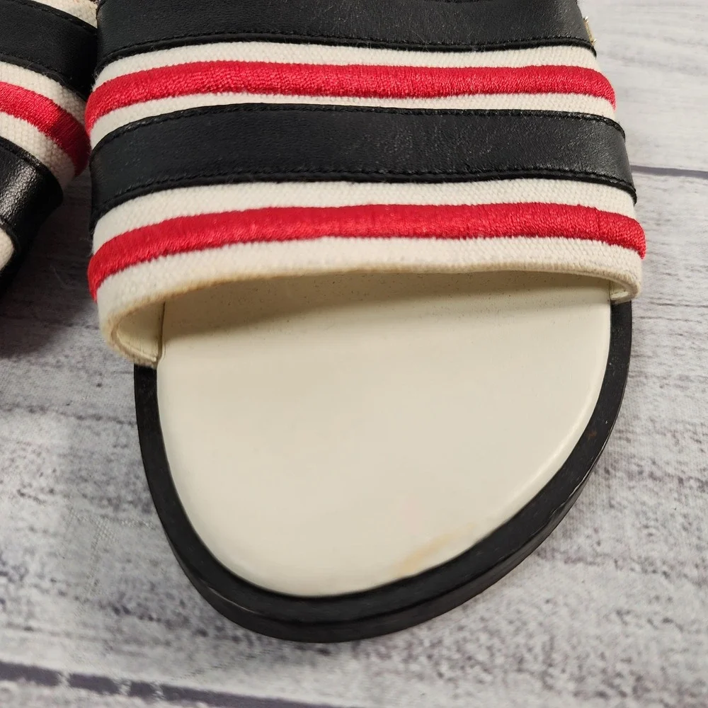 Lauren Ralph Lauren Natania Striped Leather Slide Sandals White Black Red 6.5B